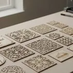 laser cut wood samples with wood laser engraving on signage and panels