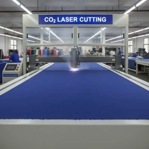 Máy cắt laser CO₂ polyester cắt vải polyester trên bàn phẳng.