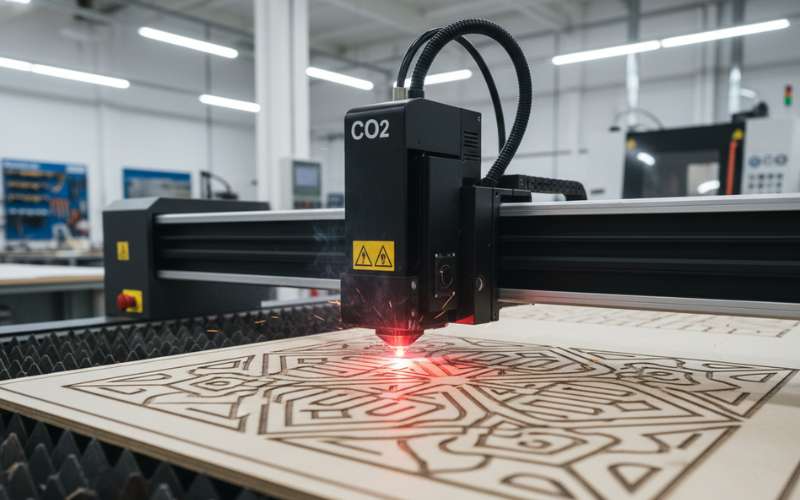 CO2 laser cutting plywood sheet on industrial laser cutter table