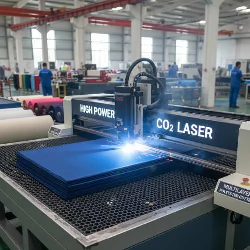 Máy cắt laser CO₂ công suất cao dùng cho polyester, cắt vải polyester nhiều lớp.