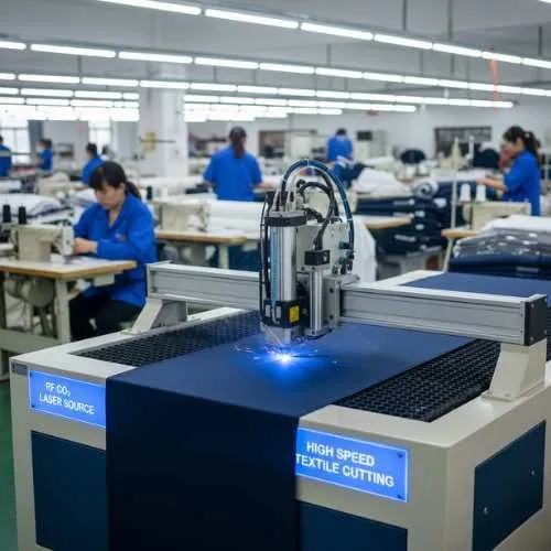Máy cắt laser CO₂ tần số vô tuyến dùng cho polyester, cắt vải dệt polyester.