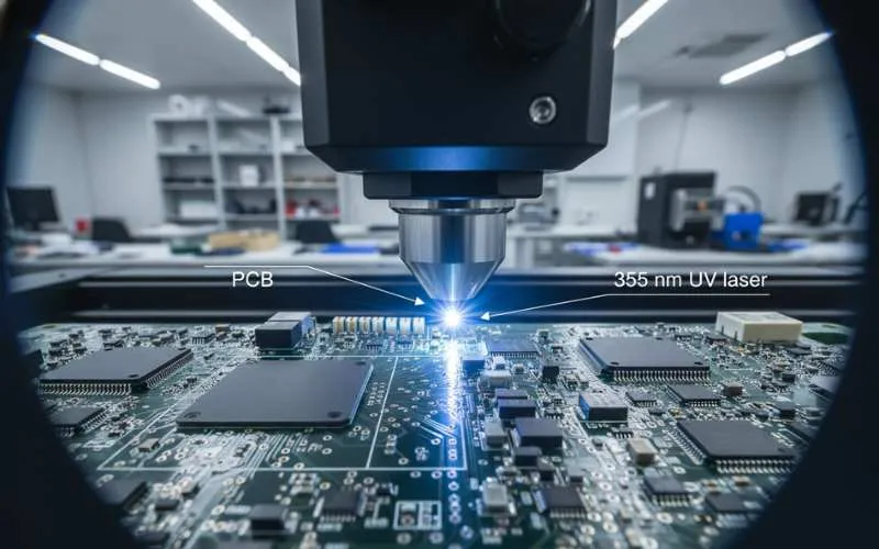 Máquina de corte láser UV que procesa paneles PCB con microcorte de precisión