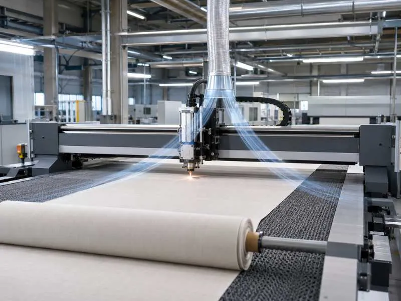 Máquina de corte láser textil de CO2 con asistencia neumática en la mesa transportadora y flujo de aire de escape para cortar rollos de tela.