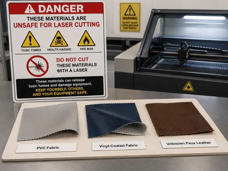 Advertencia sobre materiales textiles inseguros: tejido recubierto de vinilo PVC y piel sintética desconocida antes del corte láser.