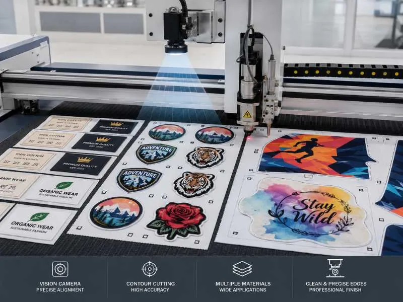 Cortadora láser Vision para etiquetas de tela impresas, parches bordados y corte textil por sublimación.