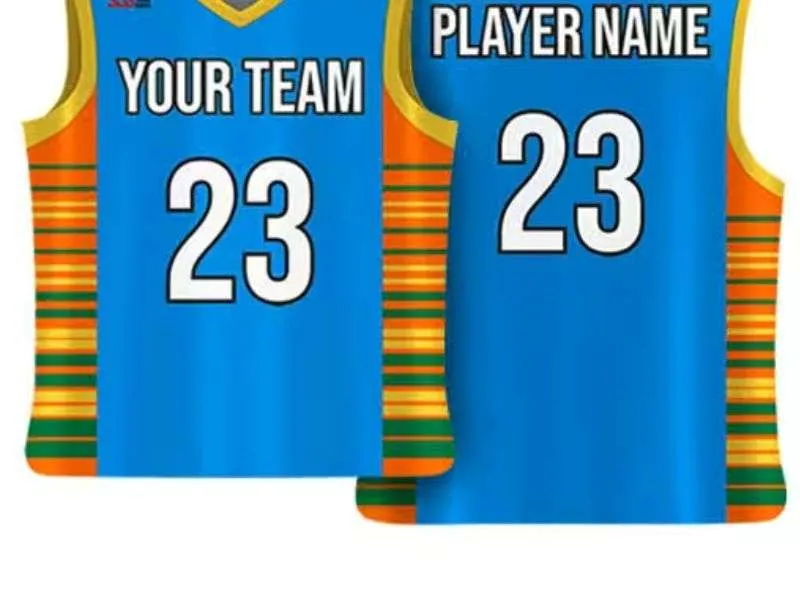 Two sports jerseys with heat-applied team name and player number transfers
